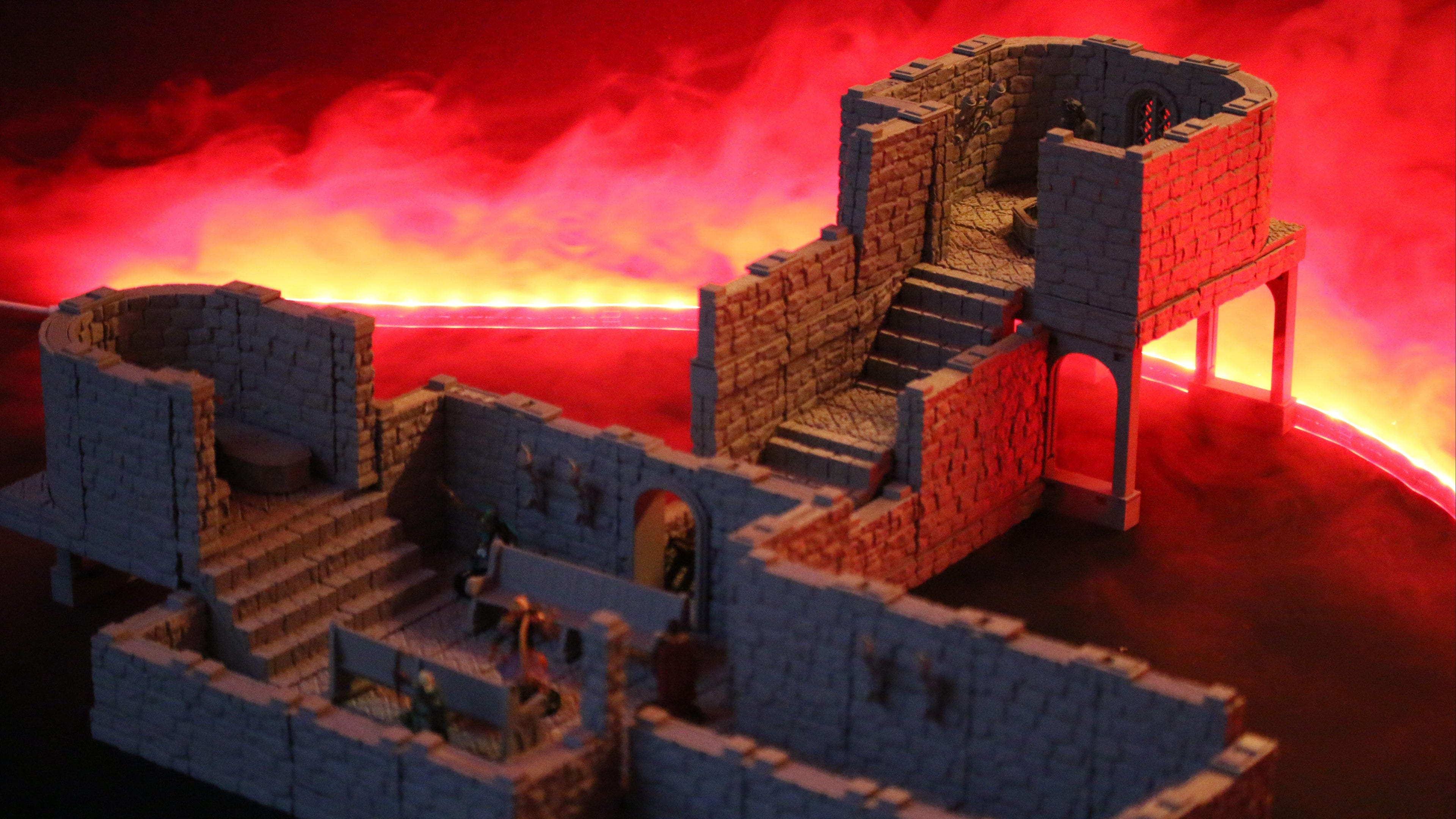 A model of a multi levelled crypt with lava in the background using the Omega Terrain System