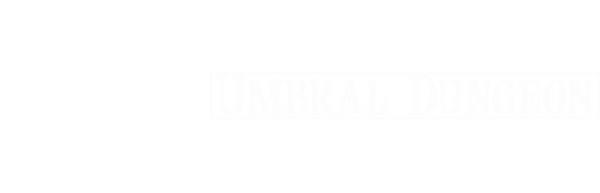 Stylised white dragon next to the logo: Umbral Dungeon with a thin white border